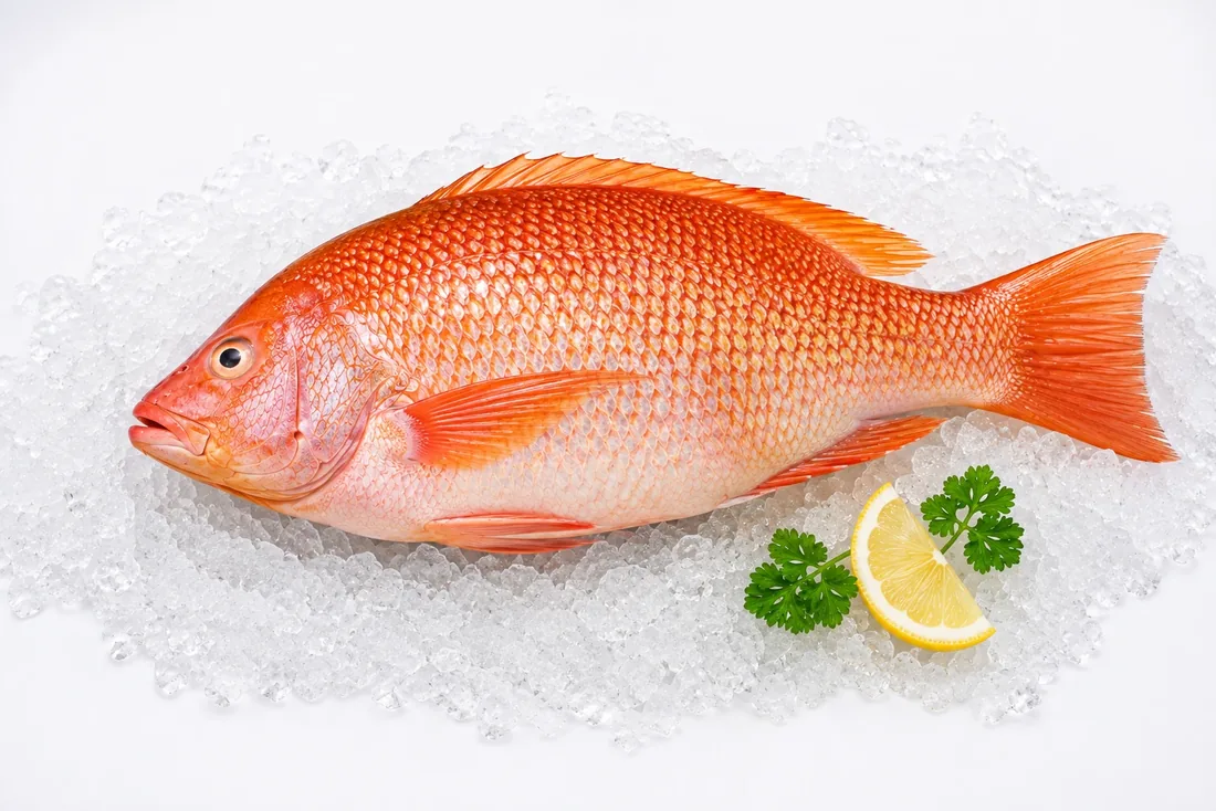 A whole Beri Rouge presented on crushed ice with a lemon wedge and parsley.