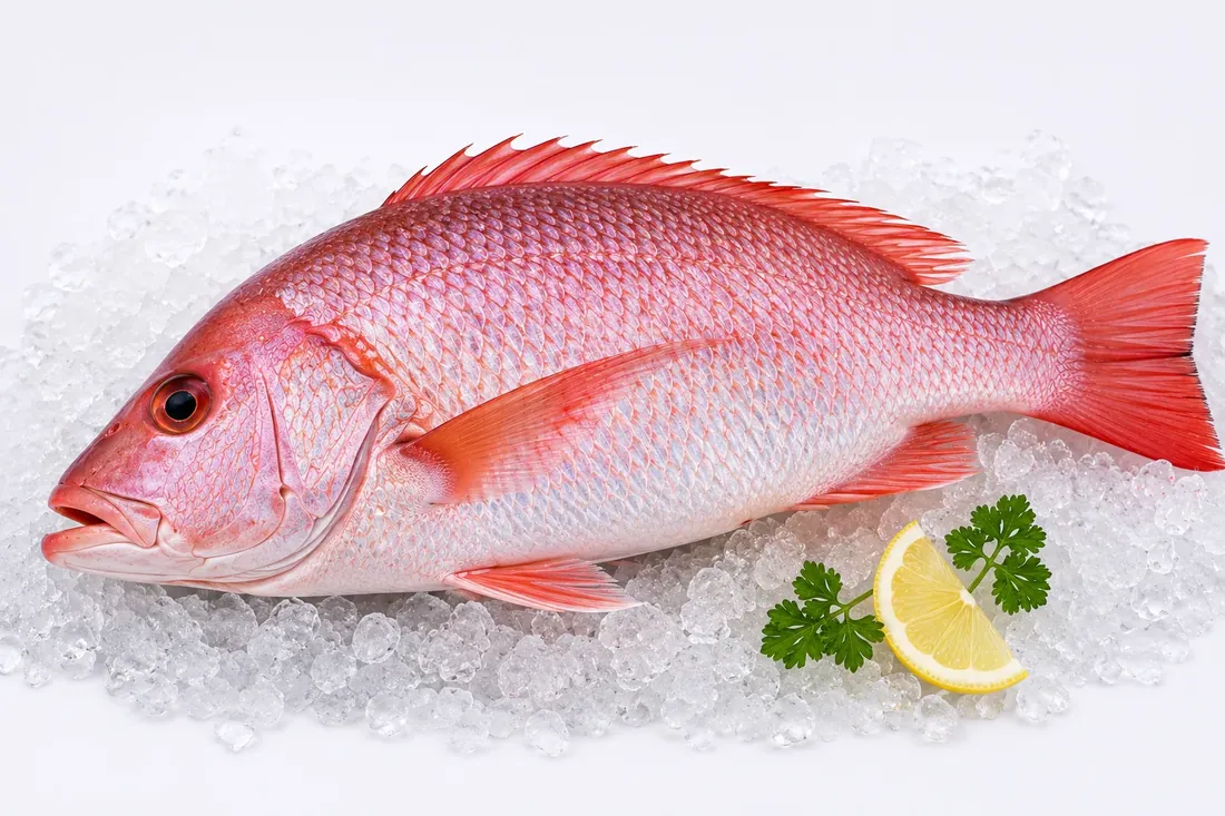 Whole Beri Rouge presented on crushed ice with lemon and parsley.