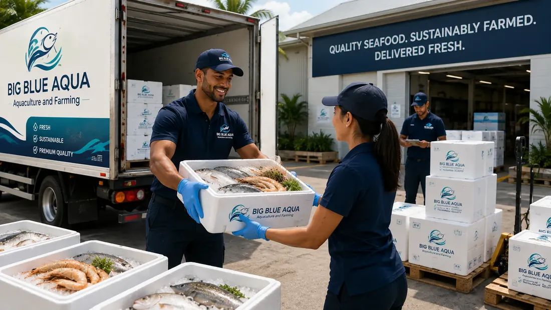 A chilled box of seafood being handed over at a Big Blue Aqua distribution point.