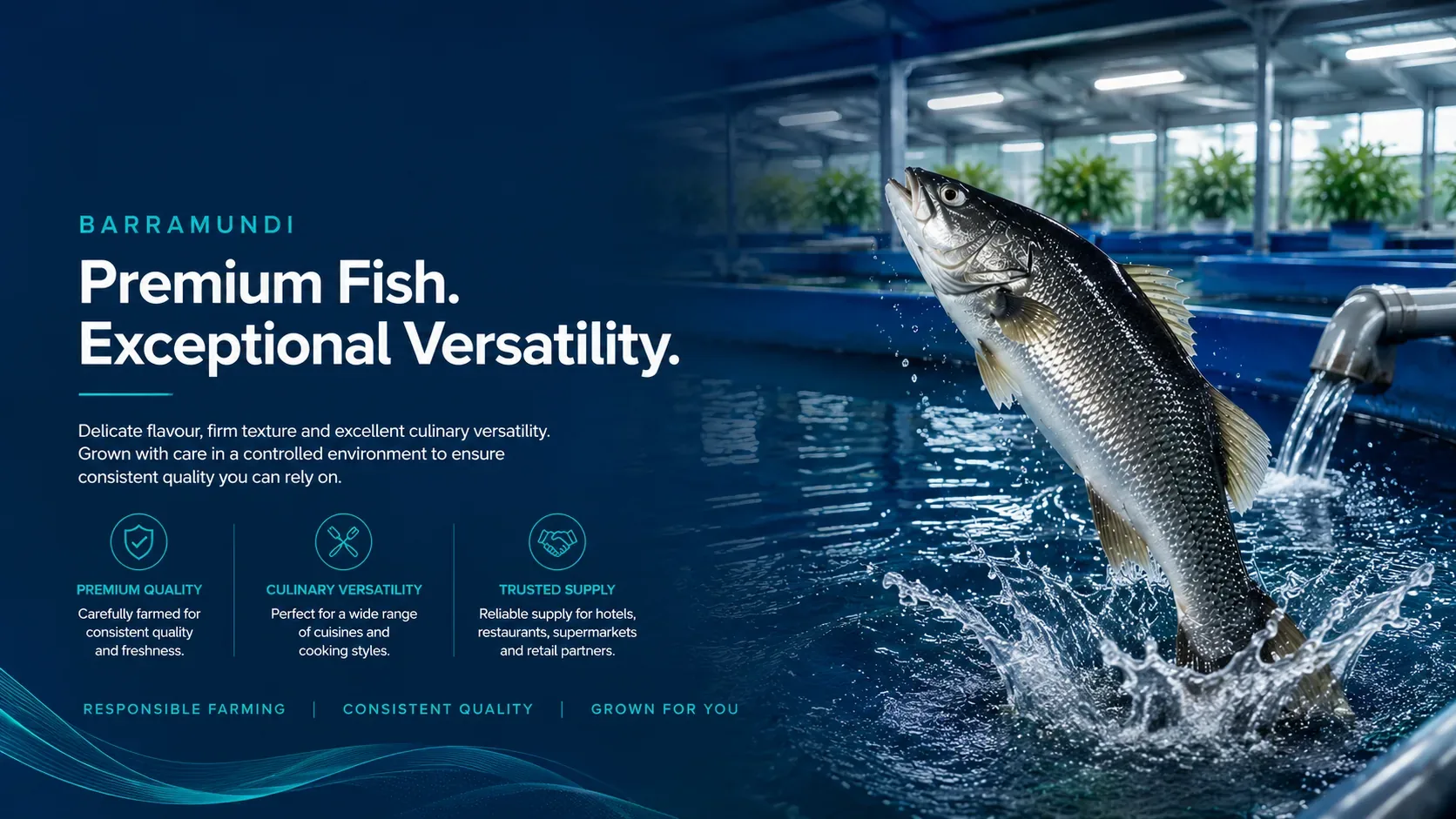 Barramundi — premium fish, exceptional versatility. A Barramundi leaping from a controlled aquaculture tank.