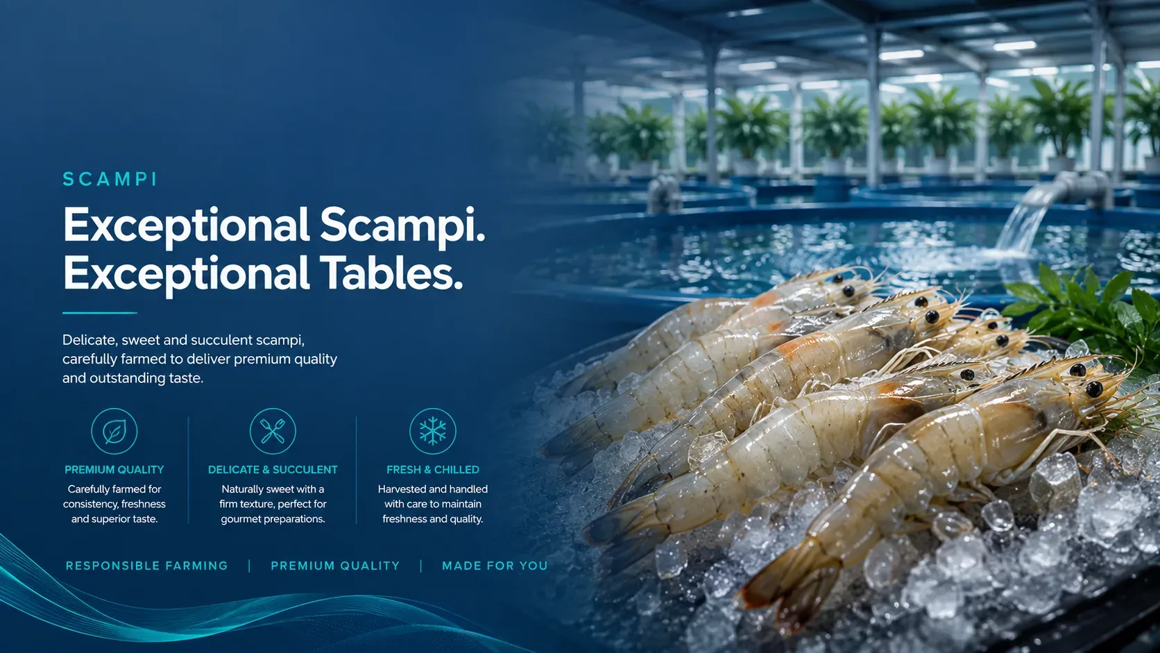 Scampi — exceptional scampi, exceptional tables. Fresh Scampi resting on ice beside an aquaculture pond.