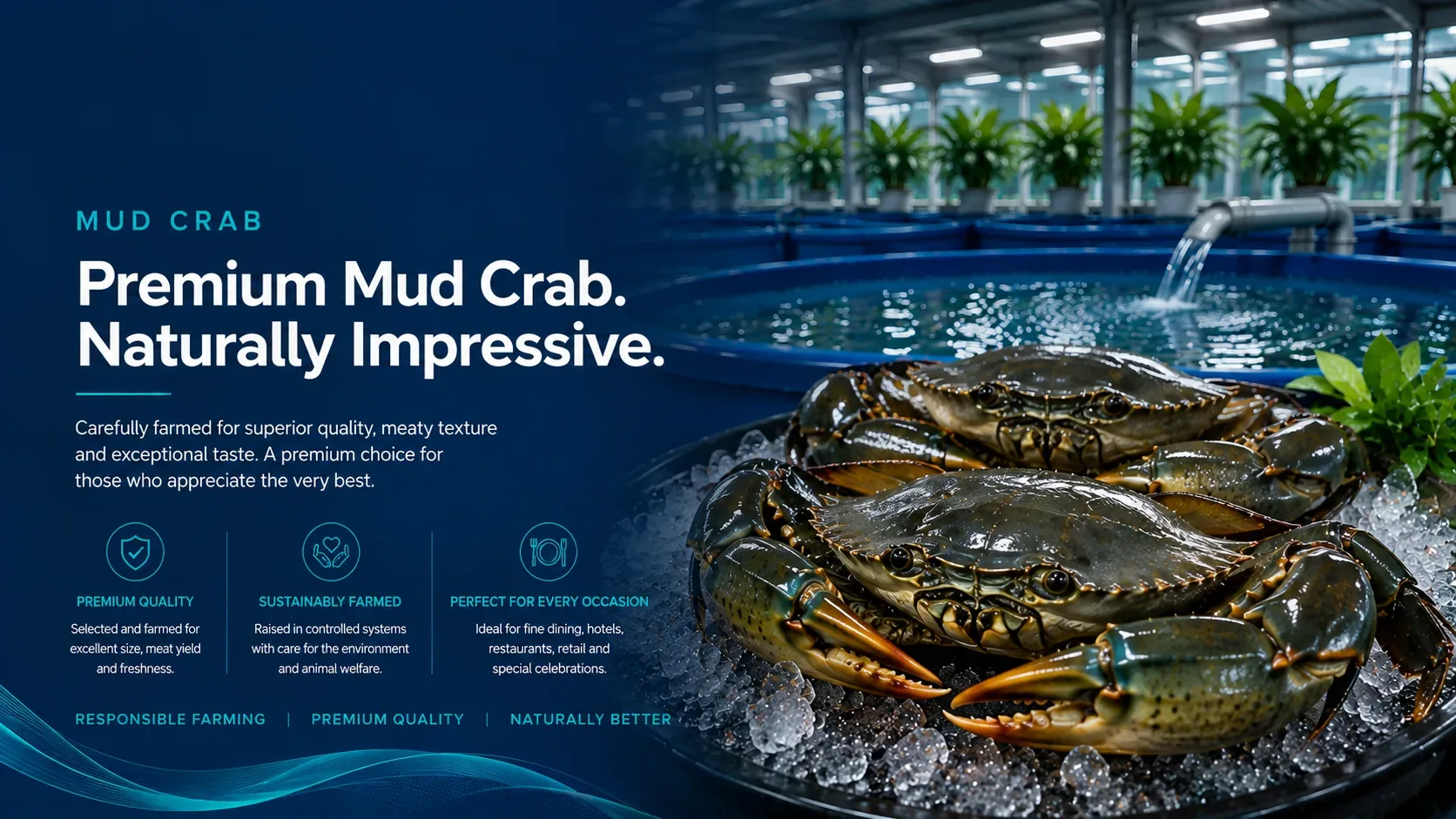 Mud Crab — premium mud crab, naturally impressive. Mud crabs presented on ice beside a controlled culture tank.