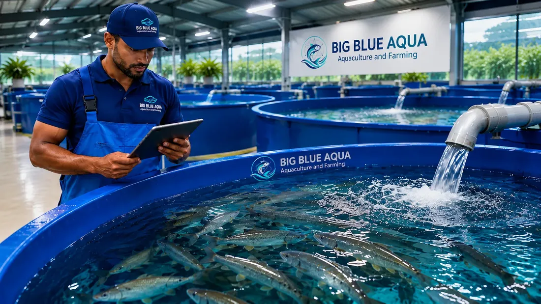 A Big Blue Aqua team member checking a tablet beside circular aquaculture tanks inside the farming facility.