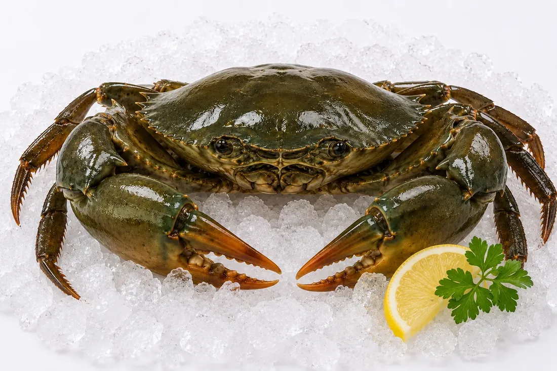 A whole mud crab presented on crushed ice with lemon and parsley.