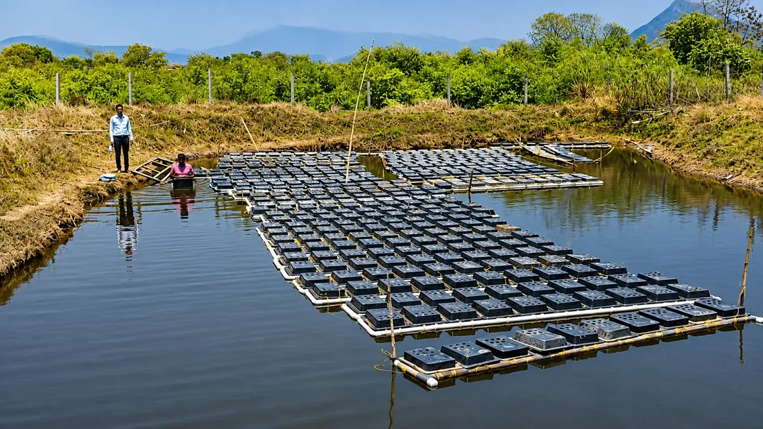 Rows of floating culture boxes arranged on a pond, forming a mud crab box-culture system.
