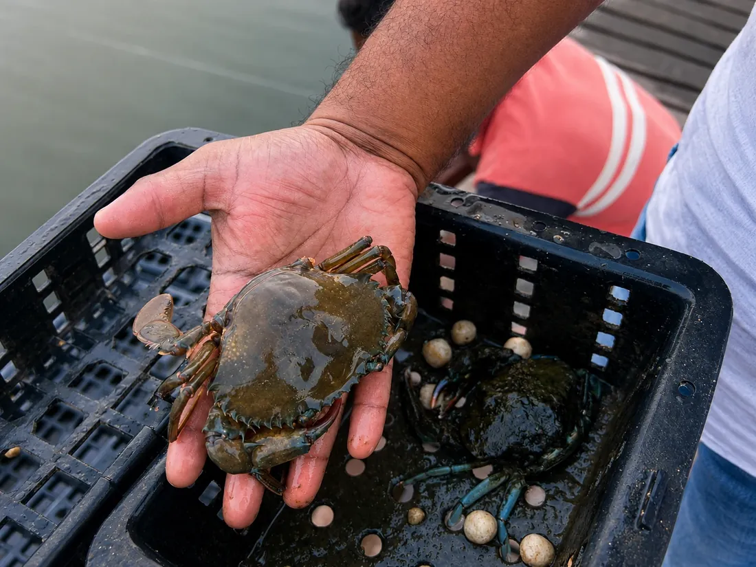 A crab held in an open hand during a routine inspection beside a culture crate.