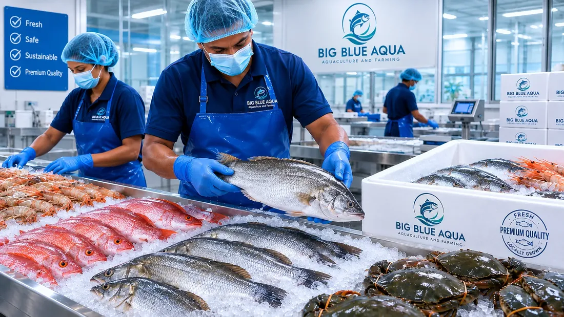 Team members in protective clothing grading and packing fresh fish on ice in a handling area.