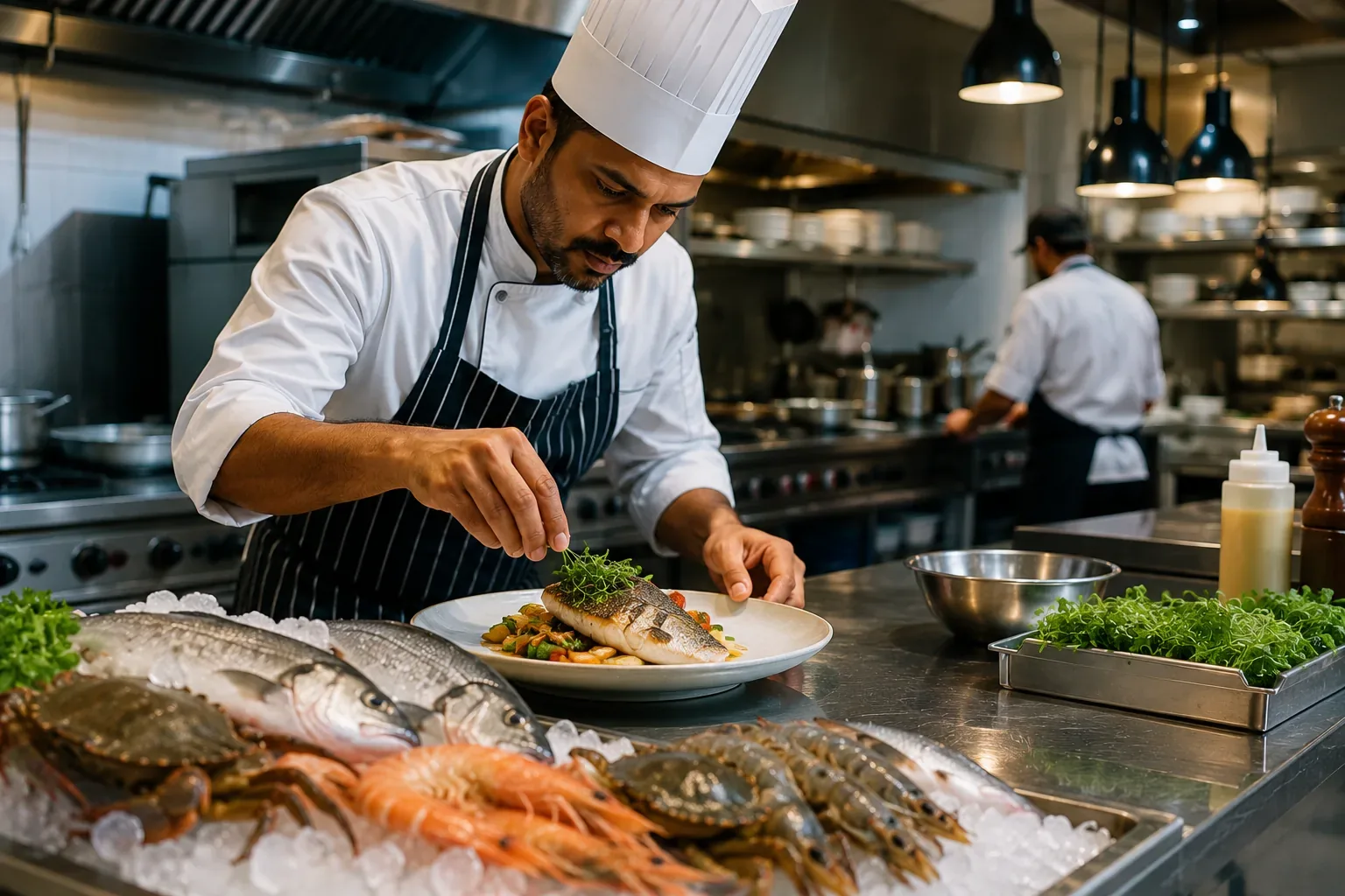 A chef garnishing a plated fish dish in a professional kitchen.