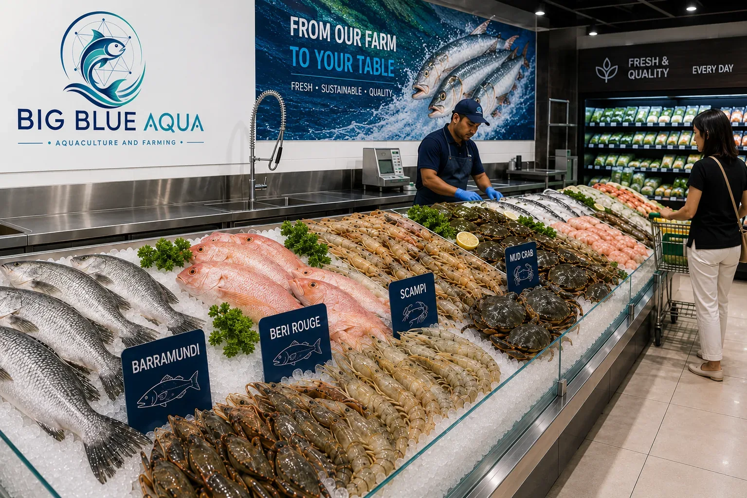A Big Blue Aqua branded fresh seafood counter in a supermarket, displaying the four products on ice.